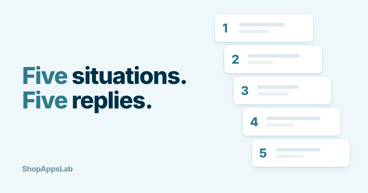 Five numbered reply cards stepped down in a row, one for each order status situation